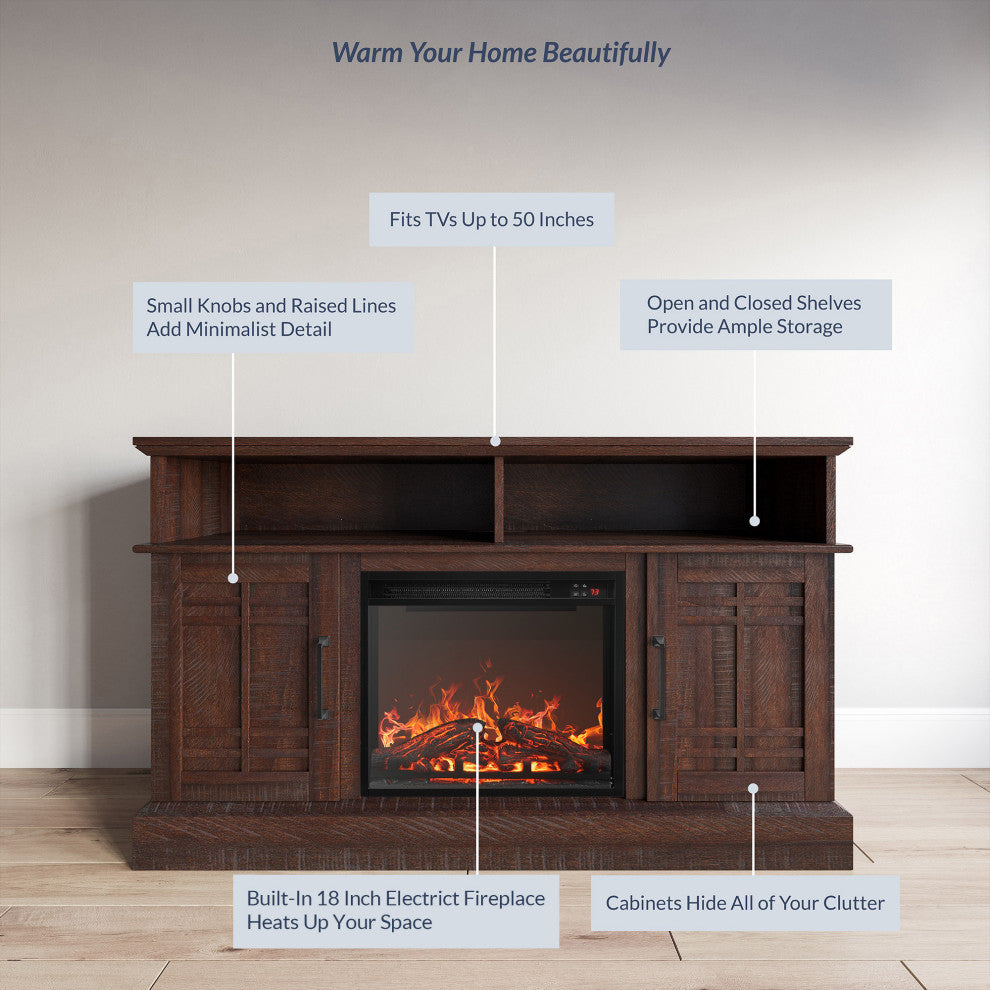 47" TV Stand Console With 18" Fireplace, Espresso