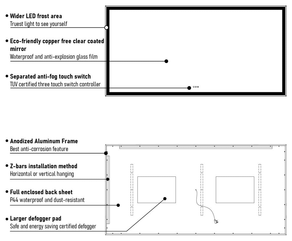 Framed LED Mirror, Dimmer, Defogger, Color Temperature, Matte Black, 72"x36"