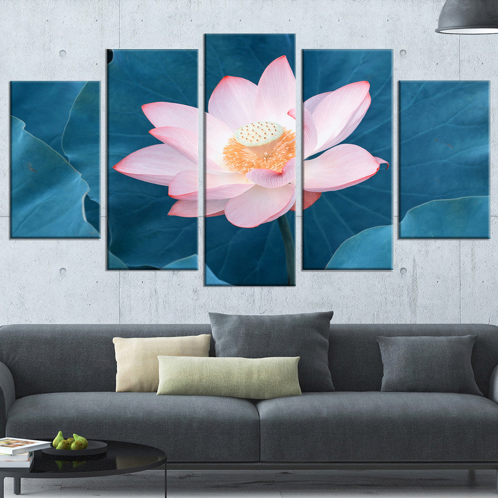 "Blooming Pink Lotus Flower" Oversized Beach Canvas Artwork, 5 Panels, 60"x32"