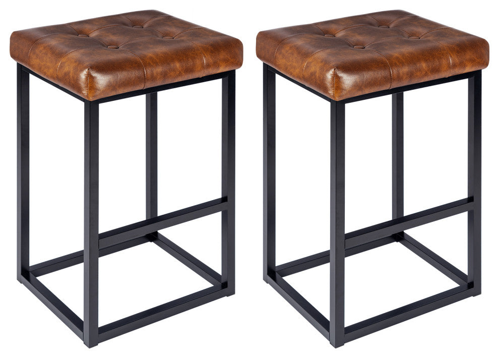 Set of 2 Button Tufted Faux Leather Counter Stools, Yellowish-Brown, 28 in