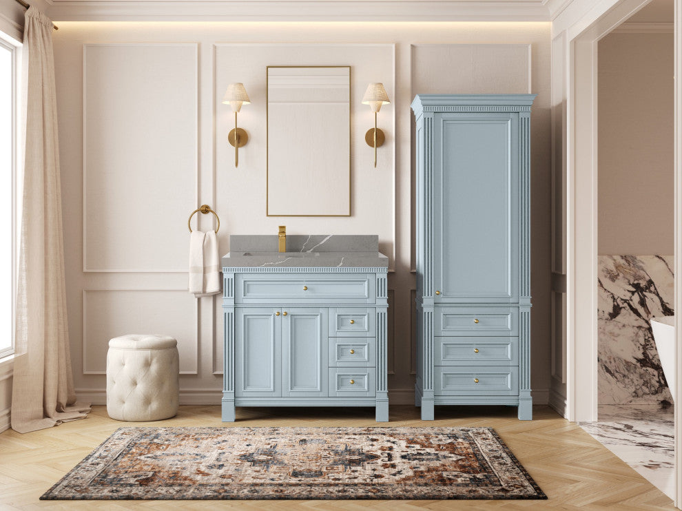 Paris 36" Left Offset Bathroom Vanity, Blue Heather 2" Piatra Gray