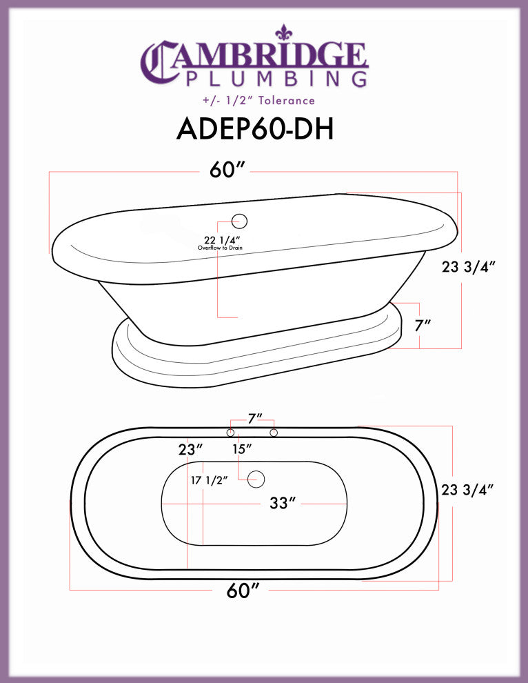 Acrylic Double Ended Pedestal Bathtub 60" X 30" With 7" Faucet Drillings