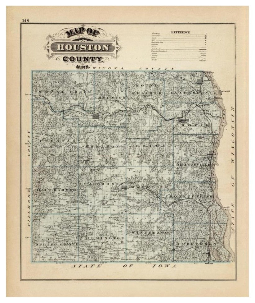 "Map of Houston County, Minnesota, 1874" Print by A.T. Andreas, 27"x32"