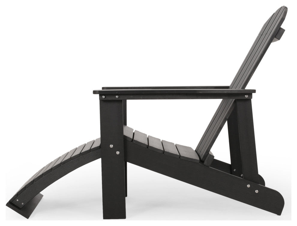 Ulises Outdoor Faux Wood Adirondack Chair With Retractable Ottoman, Black