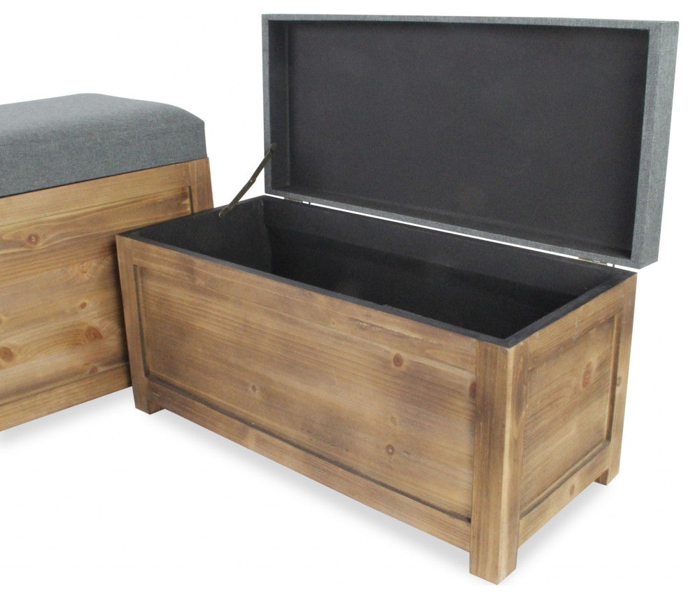 2-Piece Set Rectangular Gray Linen Fabric and Wood Storage Benches