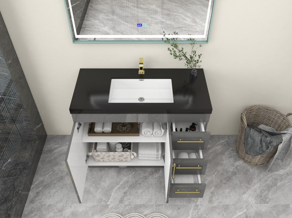 Rosa 42" Free Standing Modern Vanity, High Gloss Gray, Matt Black Top