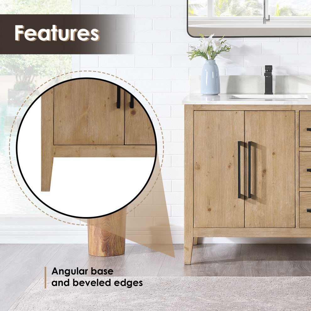Laurel Bathroom Vanity with Calacatta White Quartz Stone Countertop, Weathered Fir, 36", With Mirror