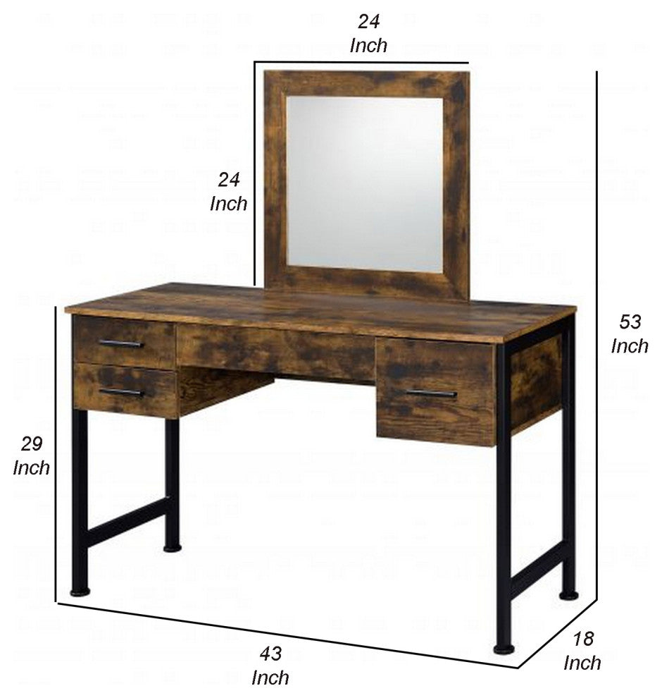 Benzara BM268893 Vanity Desk With 4 Drawers and Square Mirror, Brown and Black