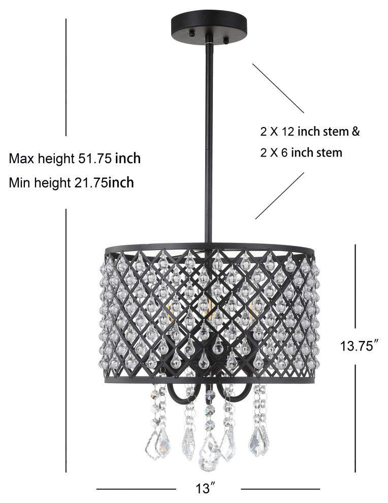 Gigi Metal and Crystal Adjustable LED Drop Pendant, Black and Clear, 13
