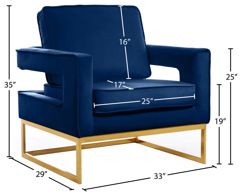 Noah Velvet Upholstered Accent Chair, Navy, Gold Base