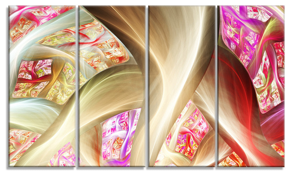 Golden Red Fractal Plant Stems, Abstract Canvas Art Print, 48"x28", 4 Panels