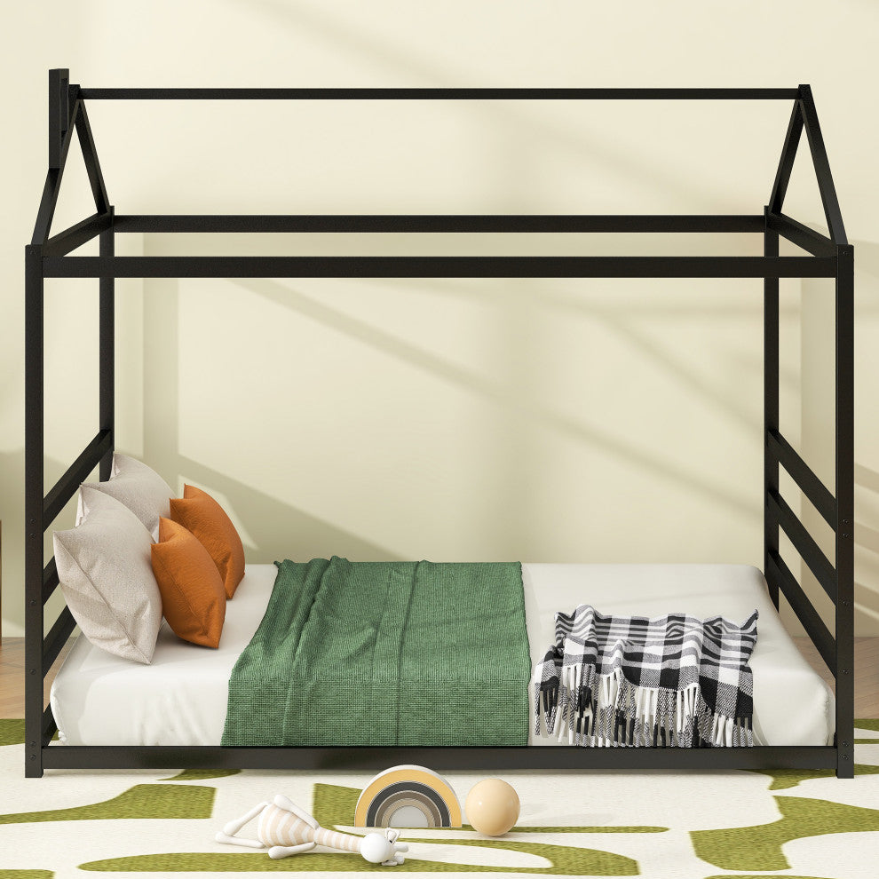 Gewnee Metal House Shape Platform Bed, Black, Queen