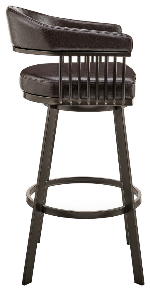 Benzara BM270140 Swivel Barstool With Open Metal Frame and Slatted Arms, Brown
