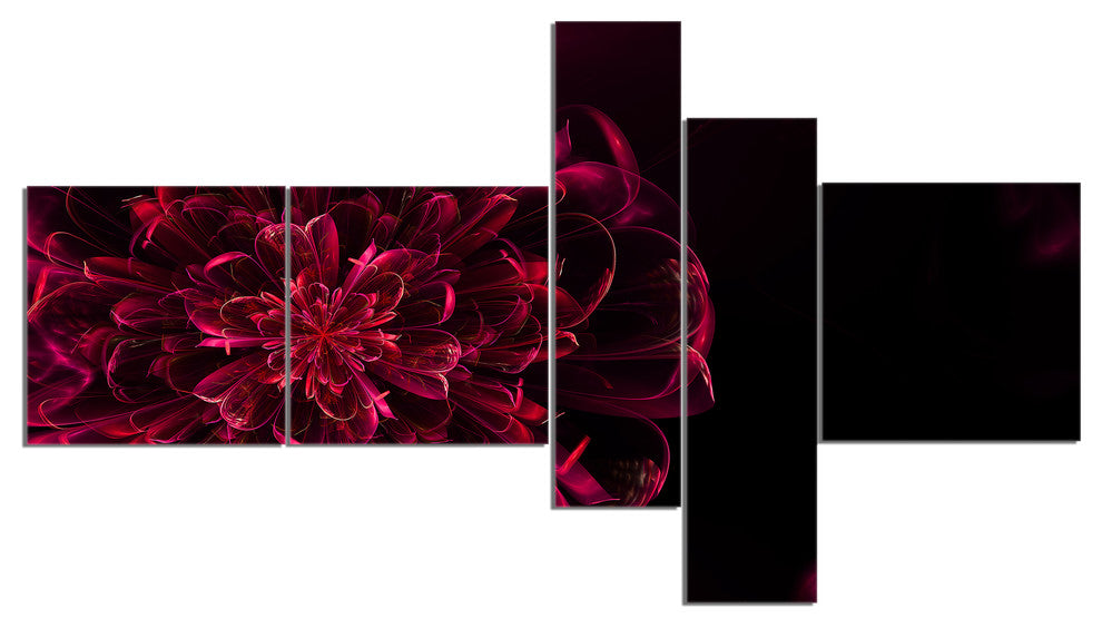 Large Red Alien Fractal Flower, Red, Floral Art Canvas Print, 60"x32", 5 panels