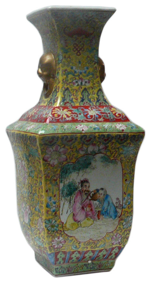 Chinese Yellow Base Canton Famille Porcelain Vase