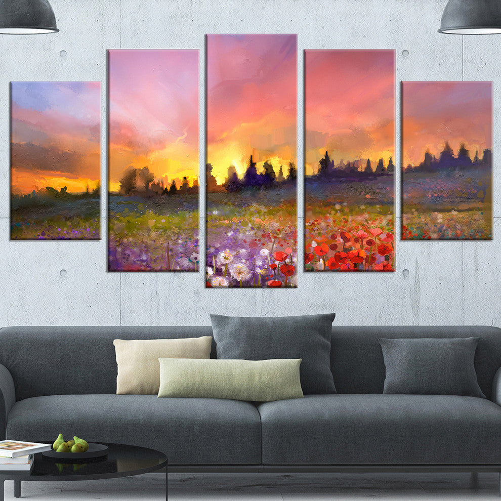 Field of Poppy Dandelion and Daisy, Floral Canvas Artwork, 60"x32", 5 Panels