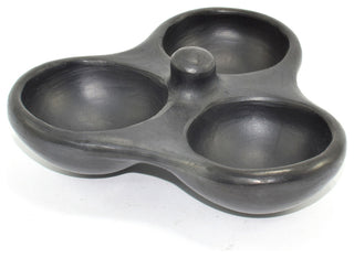 Ancient Cookware, Triple Chamba Clay Salsa Dish, 5.6x7x1.8