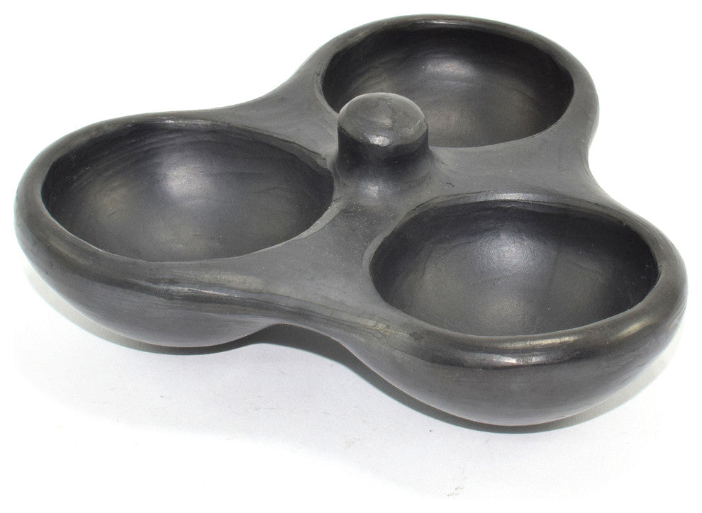 Ancient Cookware, Triple Chamba Clay Salsa Dish, 5.6x7x1.8