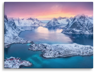 Reine at Winter Sunset Icy Mountain Landscape Photo Canvas Wall Art Prints, 18" X 24"