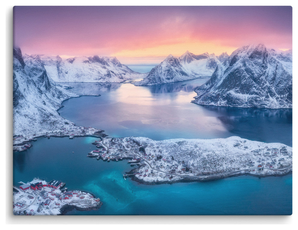 Reine at Winter Sunset Icy Mountain Landscape Photo Canvas Wall Art Prints, 18" X 24"