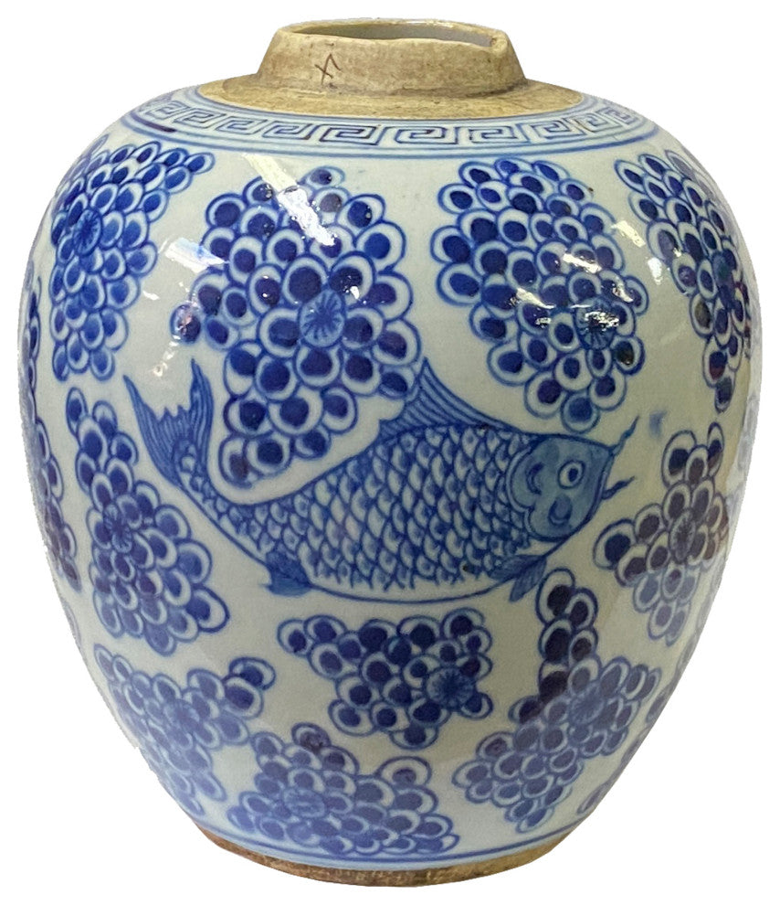 Oriental Handpainted Fishes Small Blue White Porcelain Ginger Jar Hws2325