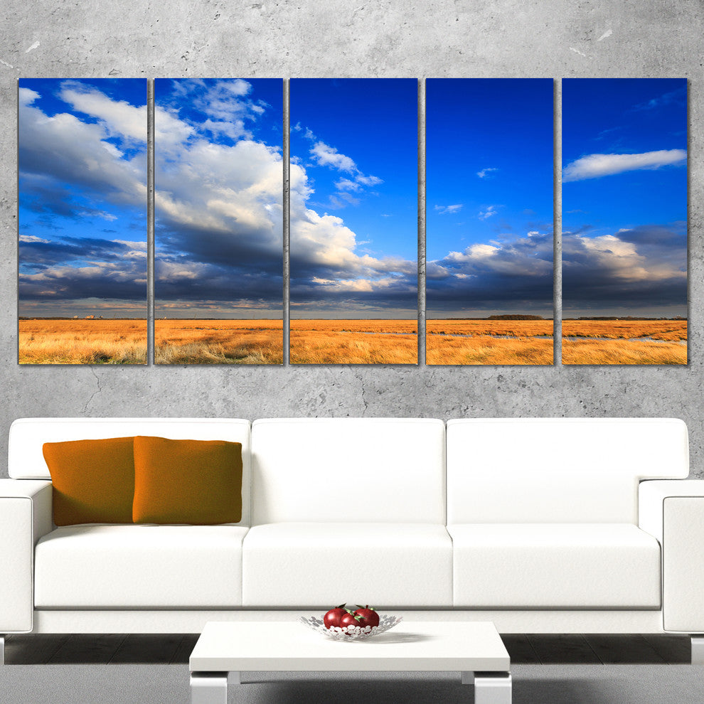 Clouded Blue Sky over Prairie, Landscape Canvas Art Print, 60"x28", 5 Panels