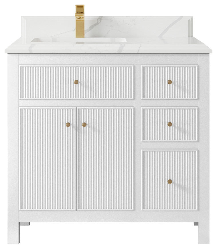 Sonoma 36 Left Offset Reeded Bath Vanity in White 1.5" Calacatta Laza