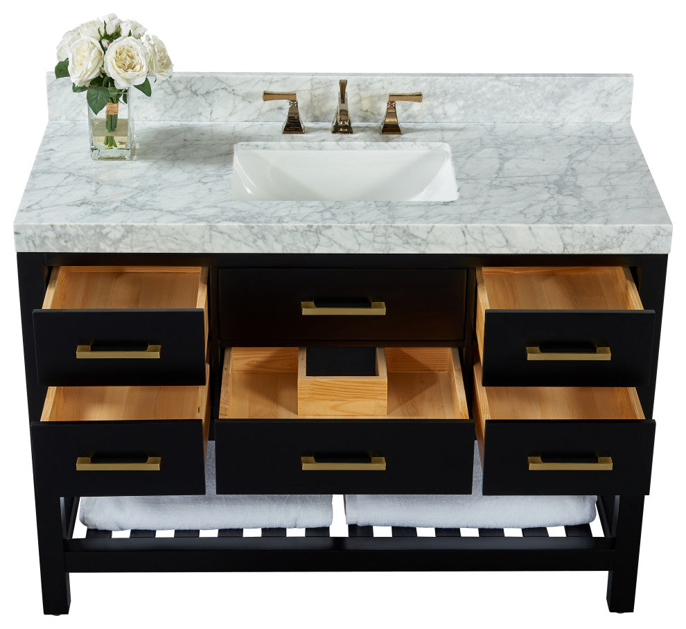 Arcadia Bath Vanity, Black Onyx, 48", Gold Hardware, Single, Freestanding