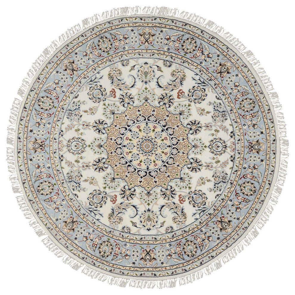 Ivory Nain With Flower Medallion Design Wool and Silk Hand Knotted Rug, 6'x6'