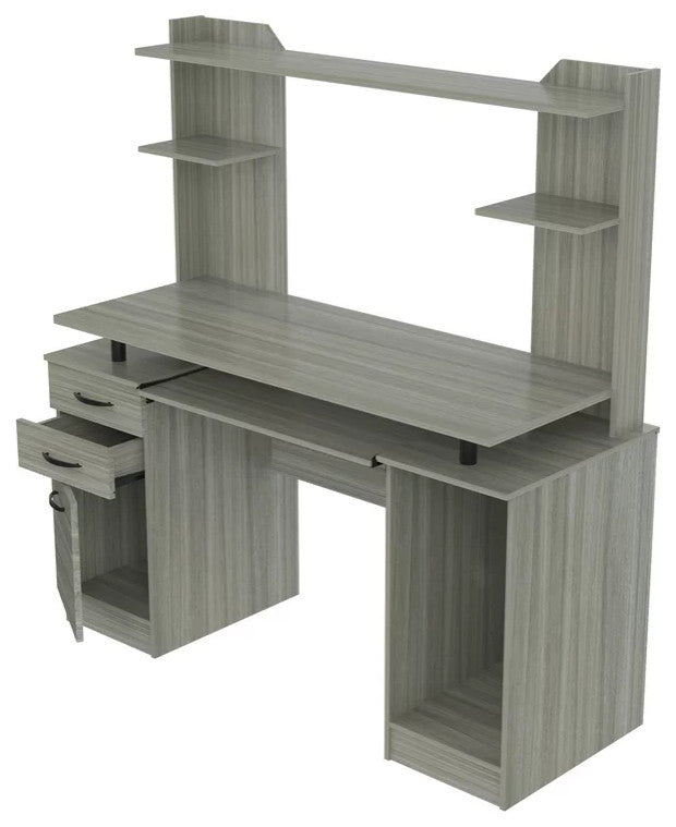 Modern Desk, Open Comparments With Storage Drawers & Metal Handles, Smoke Oak