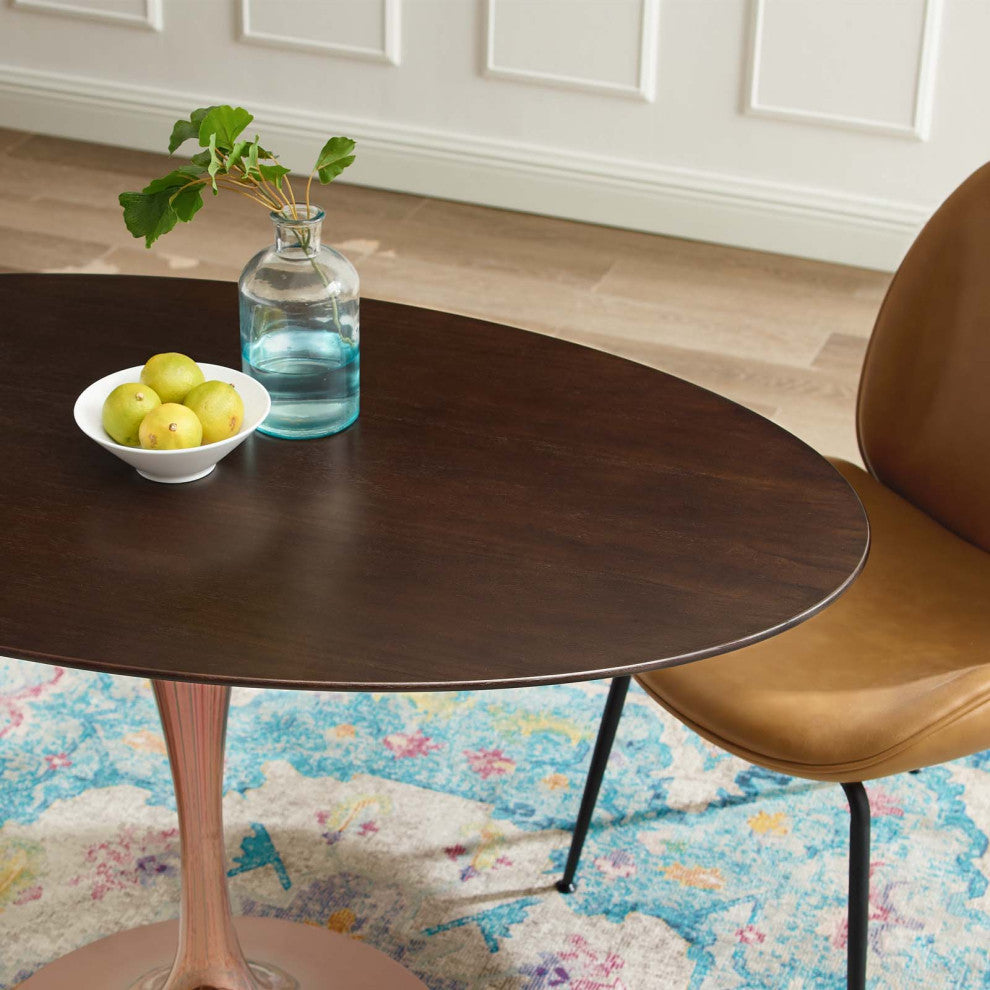 Dining Table, Oval, Wood, Rose Gold Dark Brown Brown Walnut, Modern, Cafe Bistro