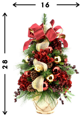 Burgundy hydrangea and berry decorated evergreen tree in ceramic pot