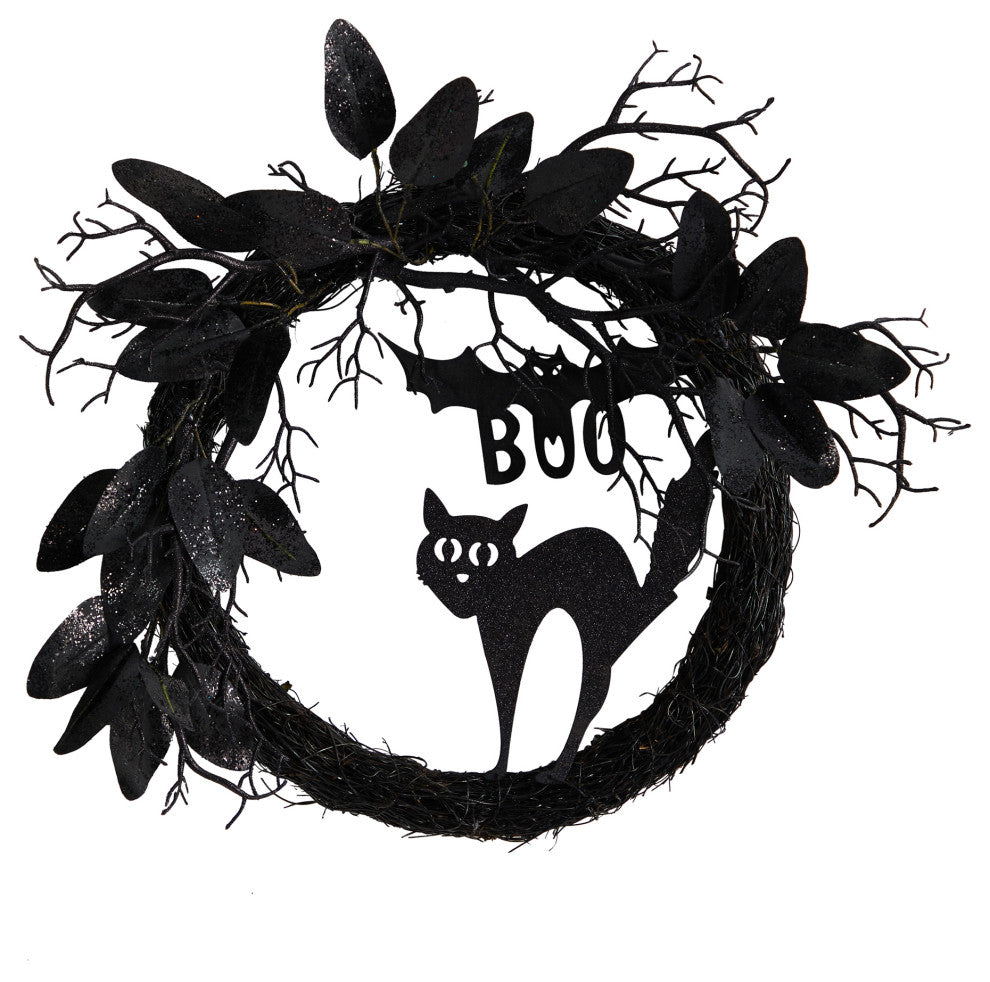 Nearly Natural W1207 22 Halloween Black Cat and Bat Boo Twig Wreath