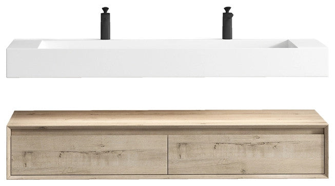 Alysa 60'' Floating Vanity, Acrylic Sink, Double Faucet Hole, Light White Oak