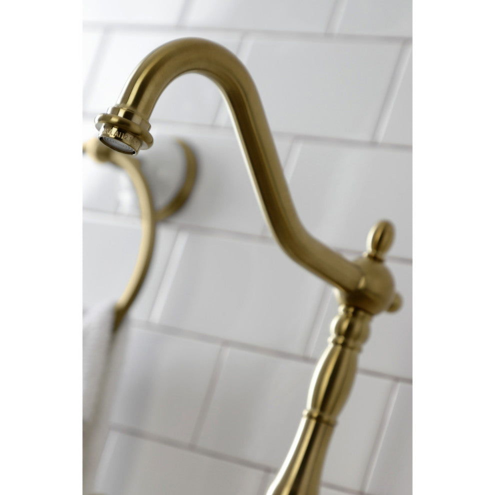 KS7757TALBS Tudor Bridge Kitchen Faucet With Brass Sprayer, Brushed Brass