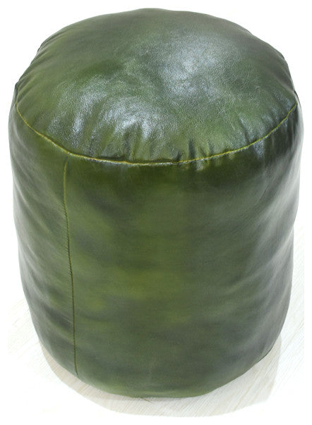 Pouf-Solid Handmade Leather Pouf (Recycled Foam with Fiber Fill), Green, {Round} 16x16x16