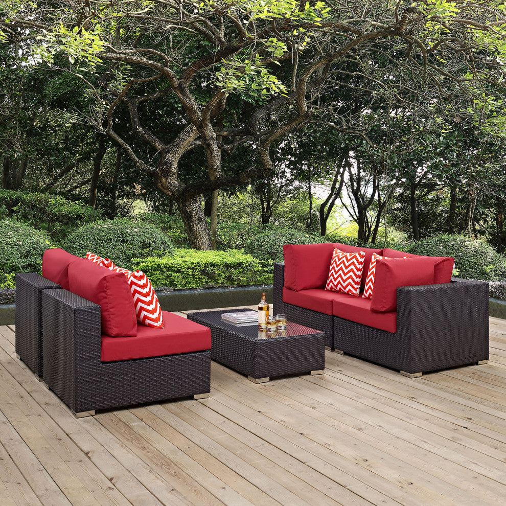 Modway Convene 5 Piece Outdoor Patio Sectional Set, Espresso Red