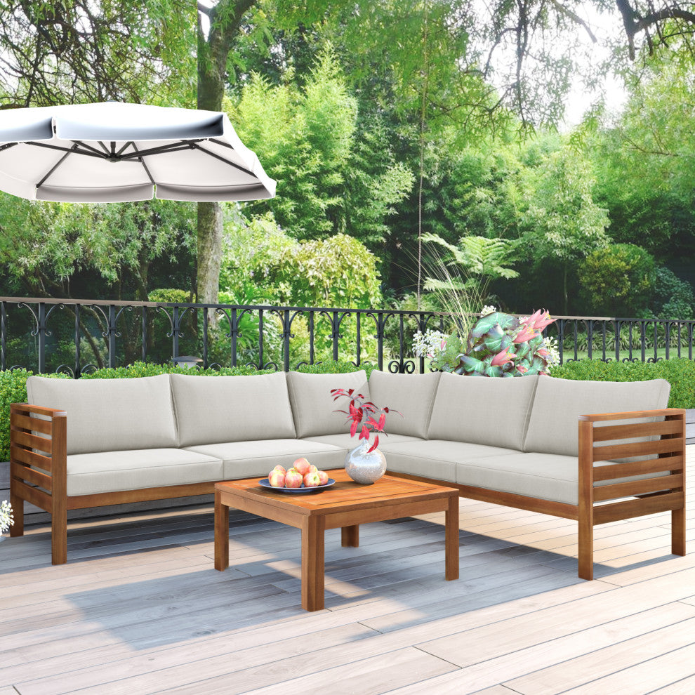 Wood Structure Outdoor Sofa Set with gray Cushions, Beige