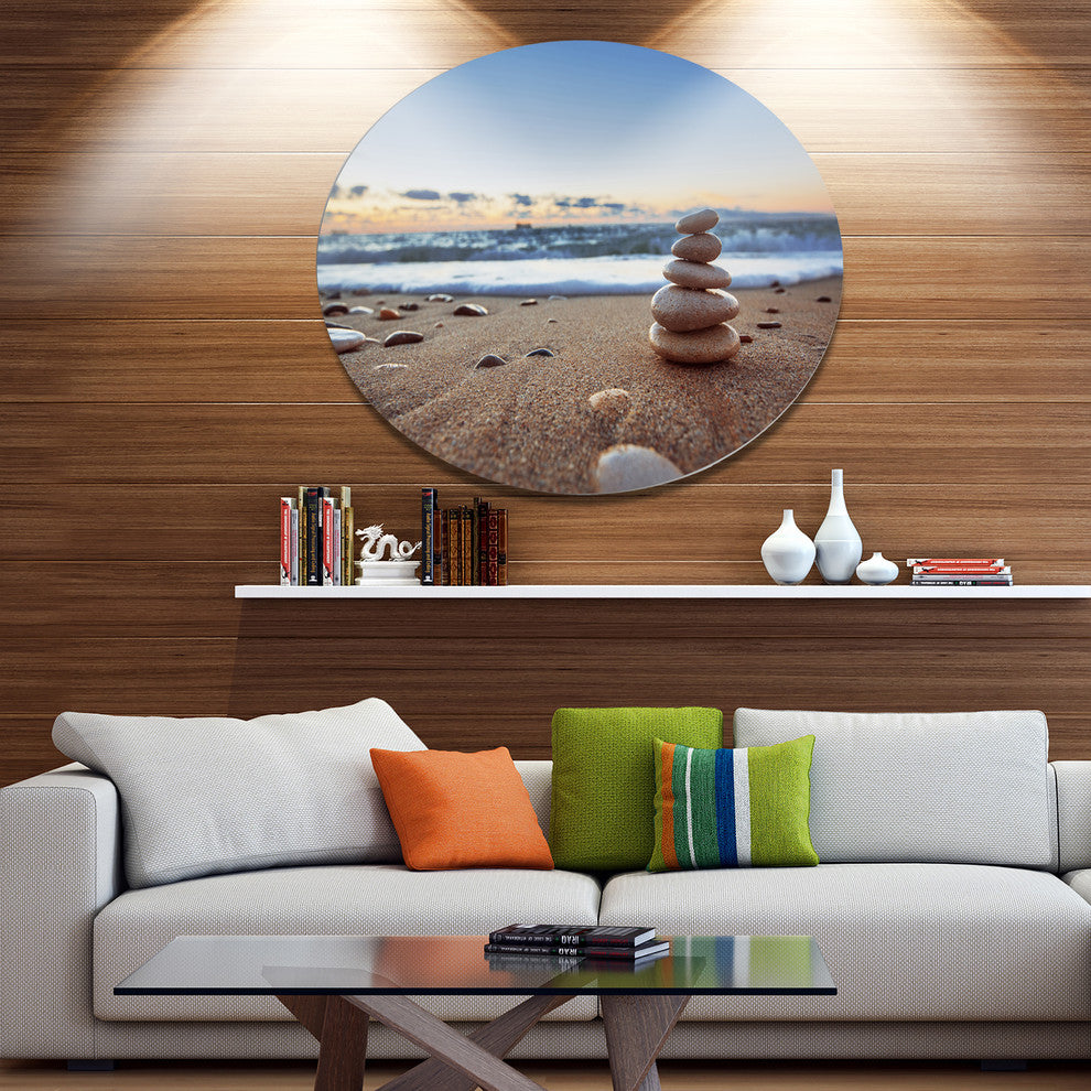 Stones Balance On Sandy Beach, Seashore Round Metal Wall Art, 36"