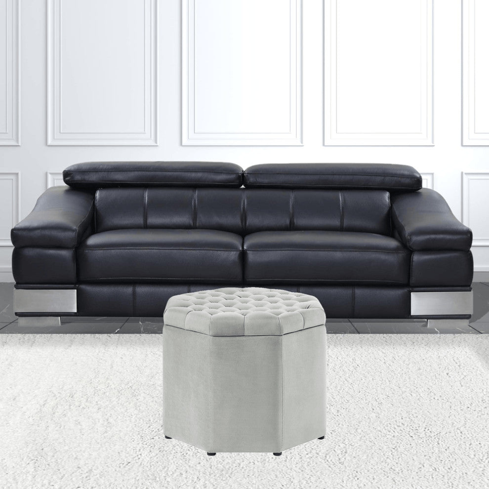 25" Light Gray Velvet And Black Tufted Specialty Storage