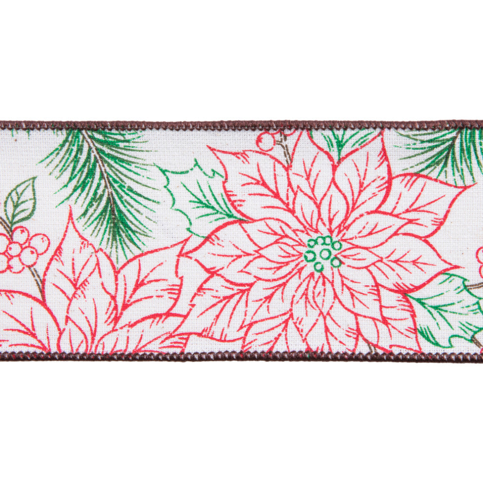 Vickerman Q202748 2.5"X10 Yard Ivory Poinsetta And Pinecone Christmas Ribbon