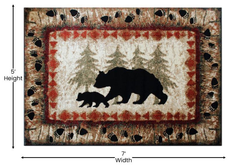 Ursus Collection Rustic Lodge Black Bear and Cub Area Rug with Jute Backing, Brown, 5' X 7'