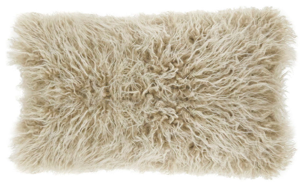 Mongolian Faux Fur Poly Filled Throw Pillow, Oatmeal, 12"x20"