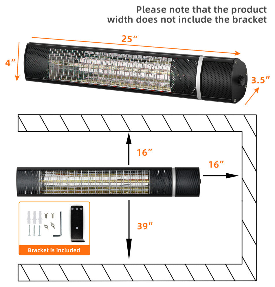 COSTWAY 750W/1500W Wall-Mounted Patio Heater Infrared Heater Adjustable Home