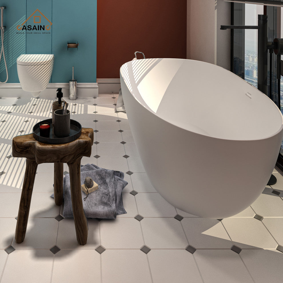 71in White Solid Surface Oval Freestanding Soaking Bathtub with Drain, 59in