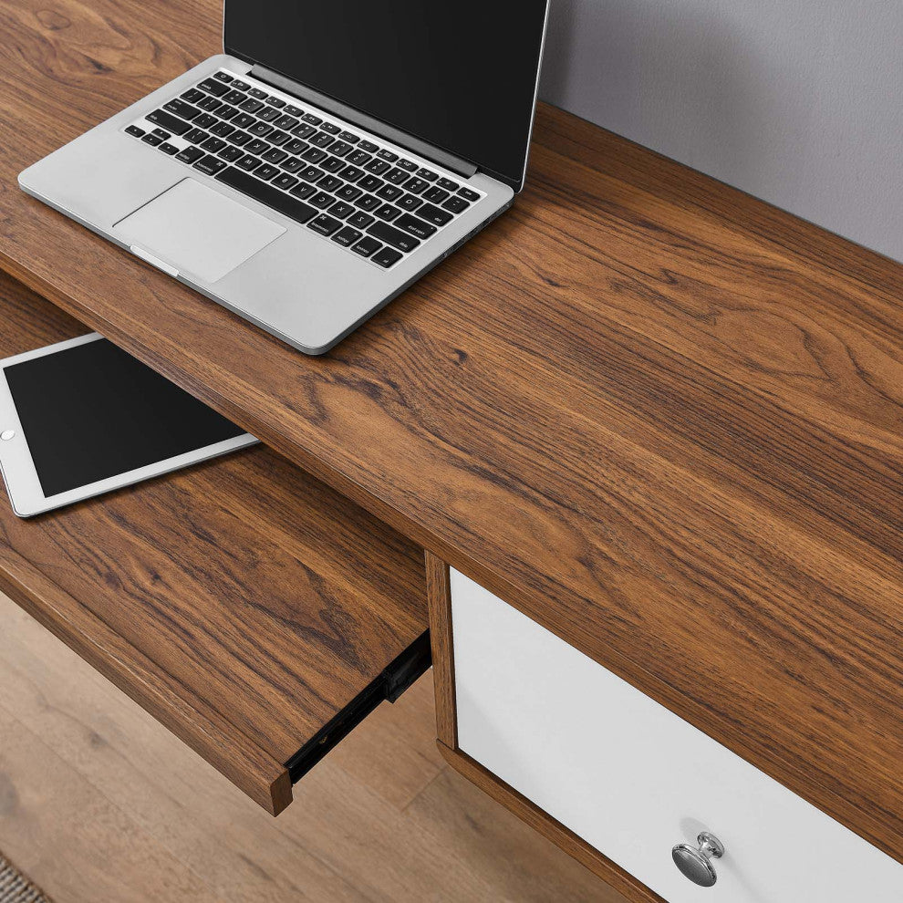 Computer Work Desk, White Walnut, Wood, Modern, Mid Century Home Office
