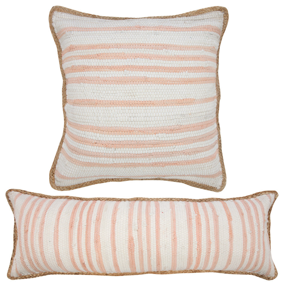 Ox Bay Handwoven Pink/White Bordered Cotton Blend Pillow Cover, 20"x20"