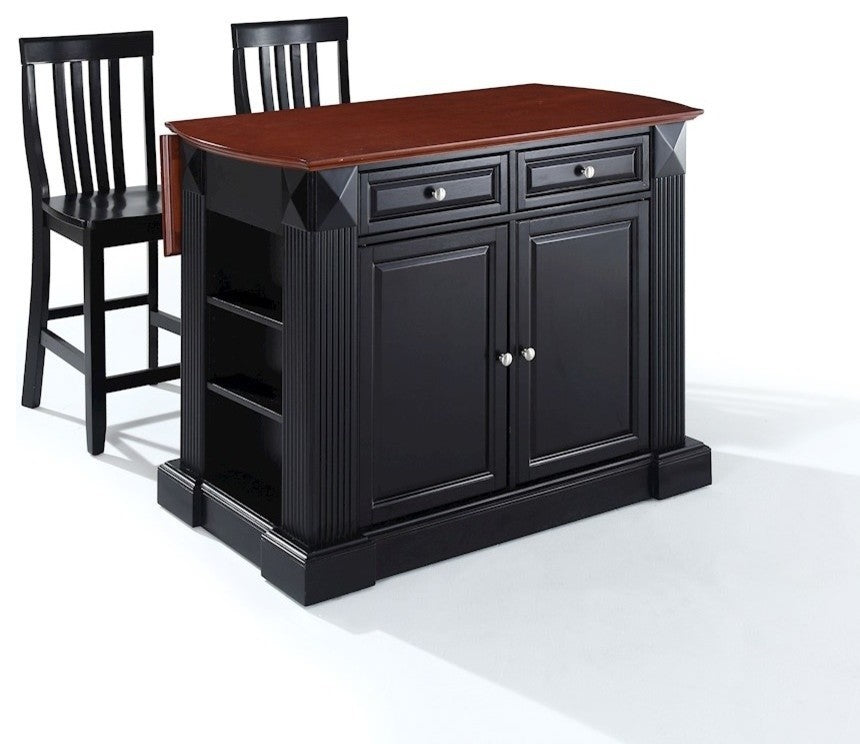 Drop Leaf Breakfast Bar Top Kitchen Island With 24" Black School House Stools