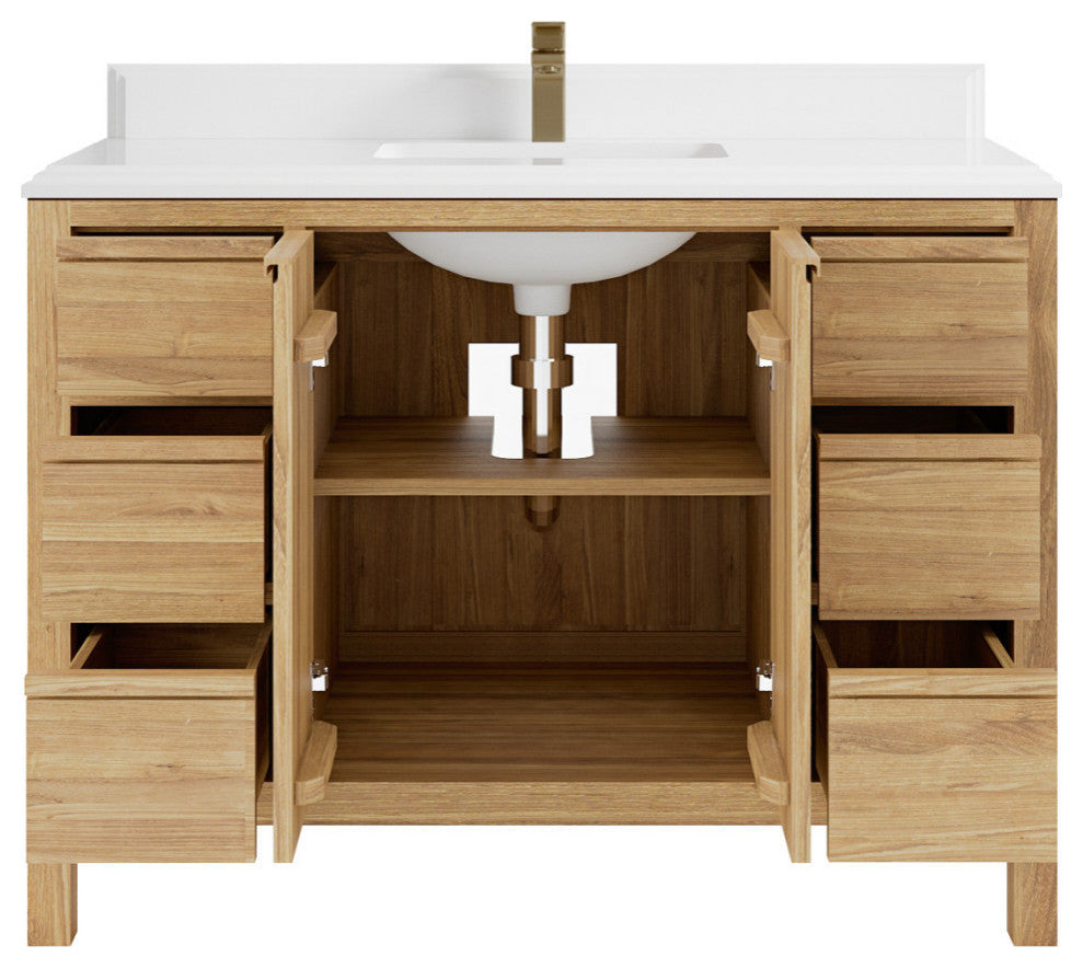 Elizabeth 48 Single Sink Bath Vanity in Light Natural Teak 1.5" White Quartz