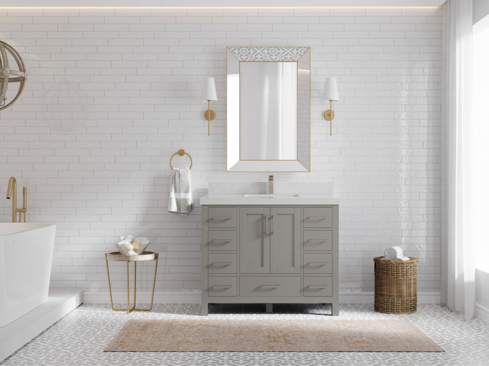 Malibu 42 Single Sink Bath Vanity in Elephant Skin Gray 2" Carrara Quartz